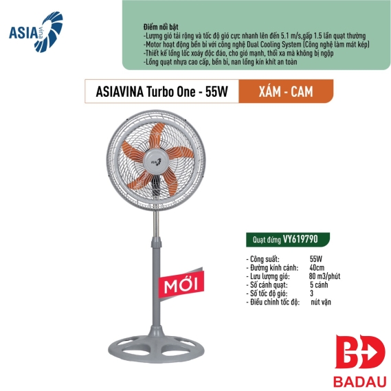 Quạt đứng VY619790 ASIAVINA Turbo One - 55W (XÁM - CÁNH CAM)-(ĐEN-CÁNH XANH)
